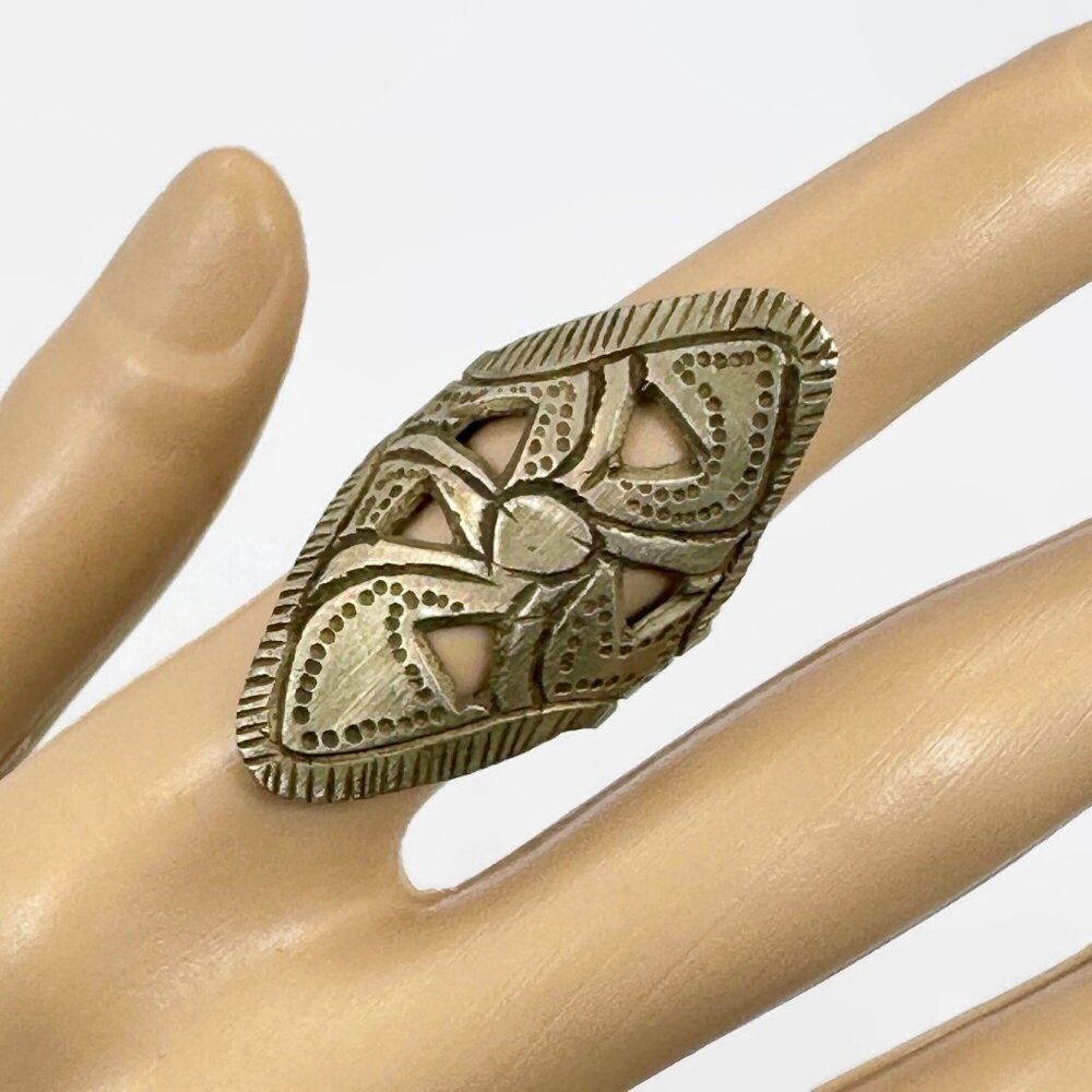 Vintage Kuchi Ring: Etched Afghan Silver Metal, Size 6 1/2